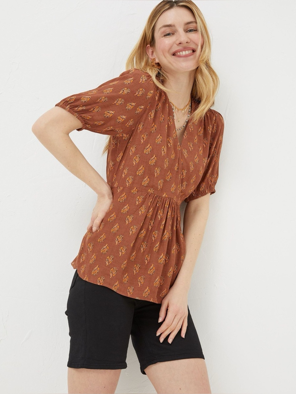 Fat face women’s brown Bella woodblock wrap blouse size 10 boho top
